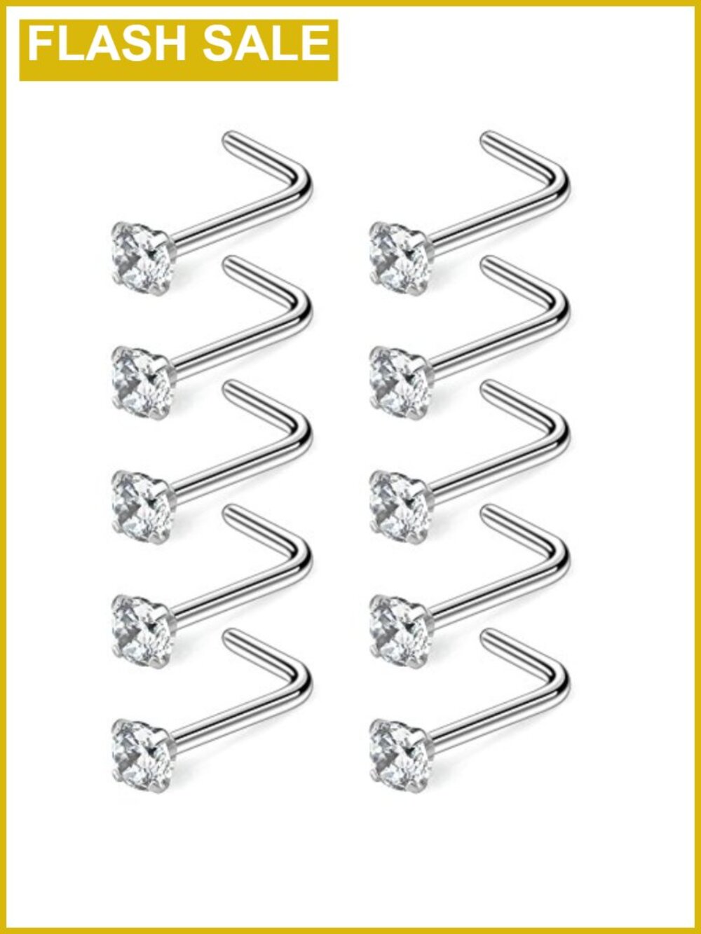 18G Surgical Steel Cubic Zirconia Nose Studs 10pc L-Shaped Piercing Jewelry